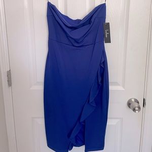 Blue strapless Lulus mini dress with ruffle slit NWT size small bodycon